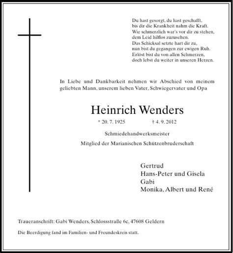 heinrich wenders|Alle Traueranzeigen für Heinrich Wenders .